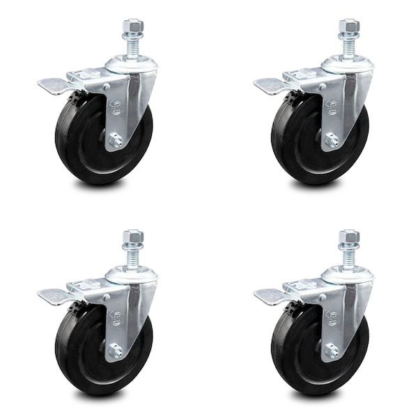 5 Inch Hard Rubber Swivel 12mm Threaded Stem Caster Set Total Lock Brake SCC